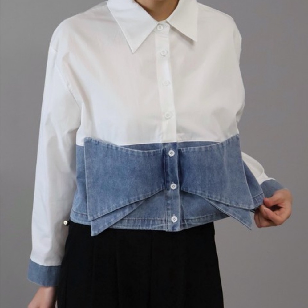Women's White and Blue Denim bow Top